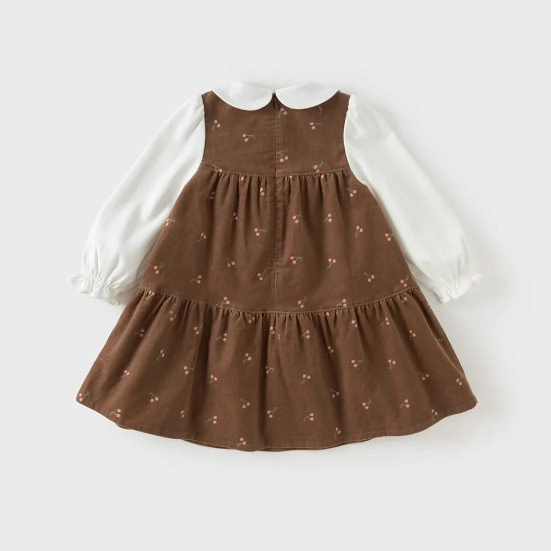 Robe en velours côtelé à imprimé cerises enfant fille –Marron