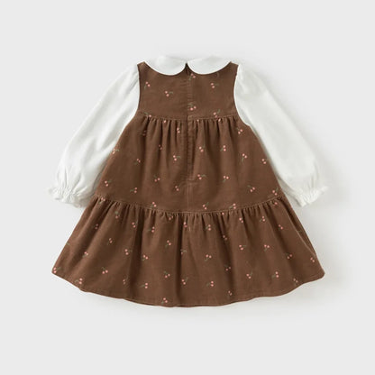 Robe en velours côtelé à imprimé cerises enfant fille –Marron
