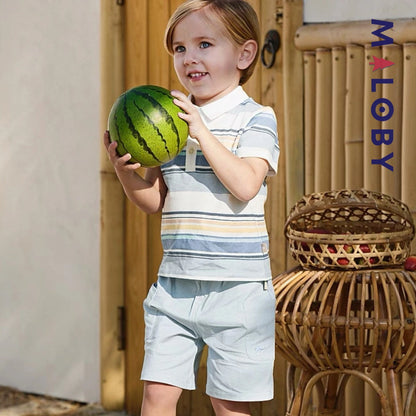 Ensemble Polo Rayé & Short enfant garçon- Bleu Pâle