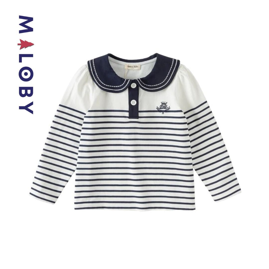 T-shirt marinière manche Longues- Blanc/Marine -robes et ensembles pour filles, bébés et garcons - MALOBY