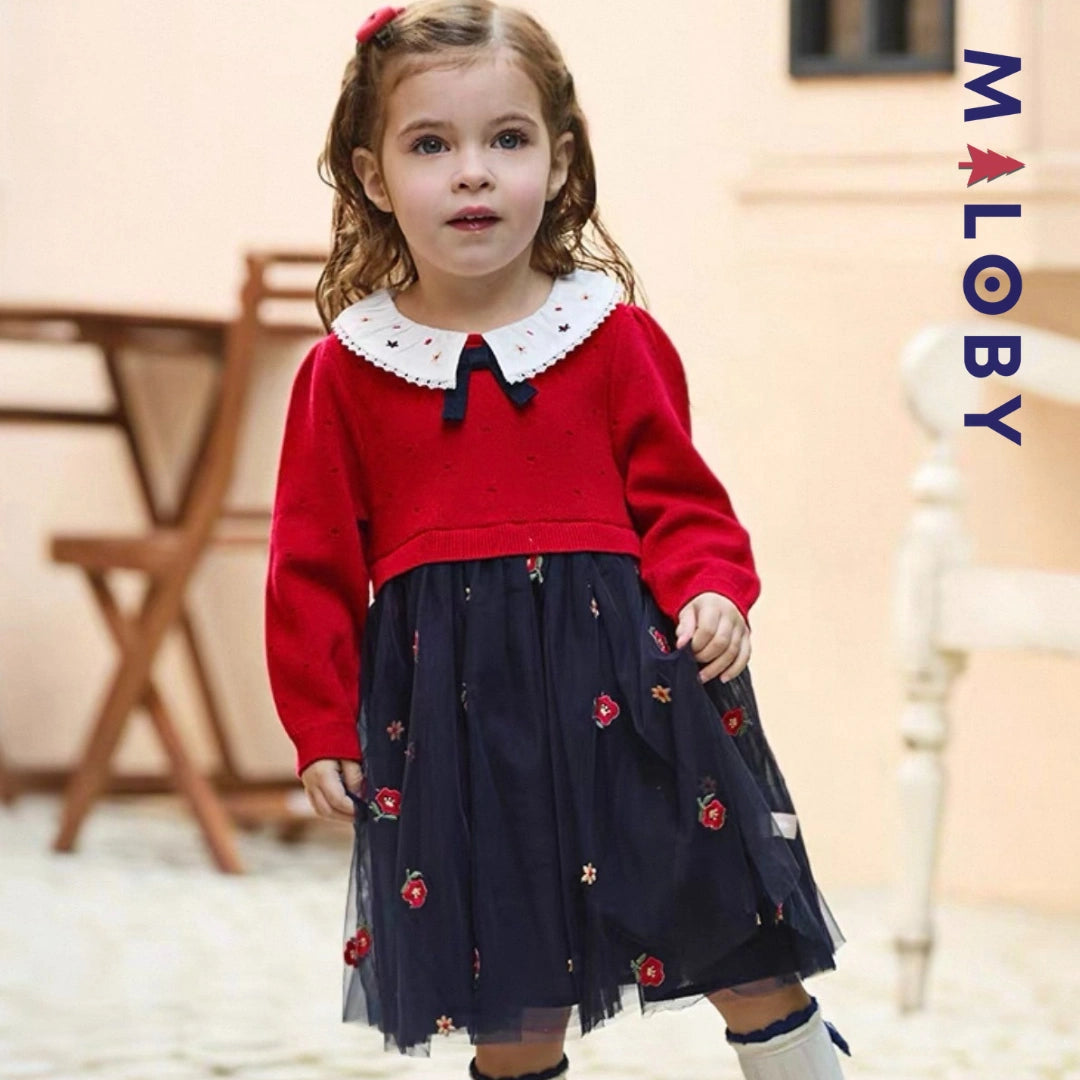Robe habillée bi-matière enfant fille -Rouge -robes et ensembles pour filles, bébés et garcons - MALOBY