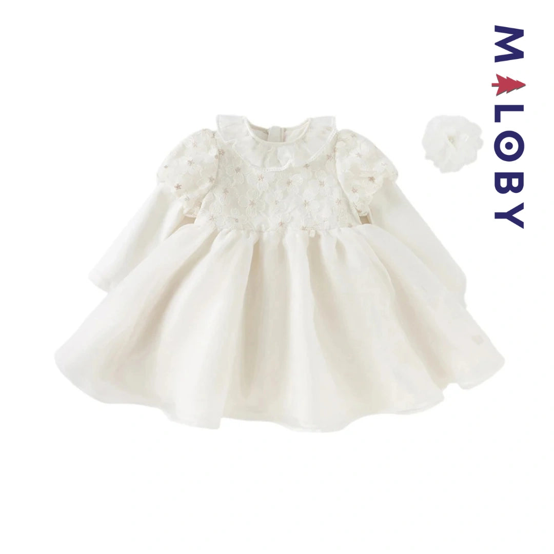 Robe cérémonie manches longues fleurettes - blanc