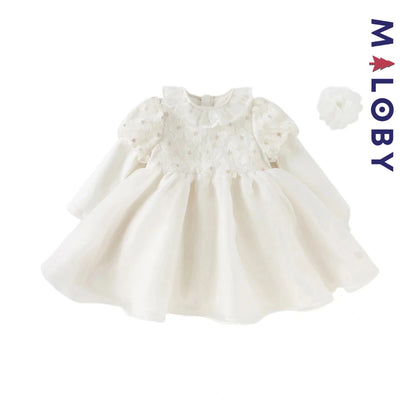 Robe cérémonie manches longues fleurettes - blanc