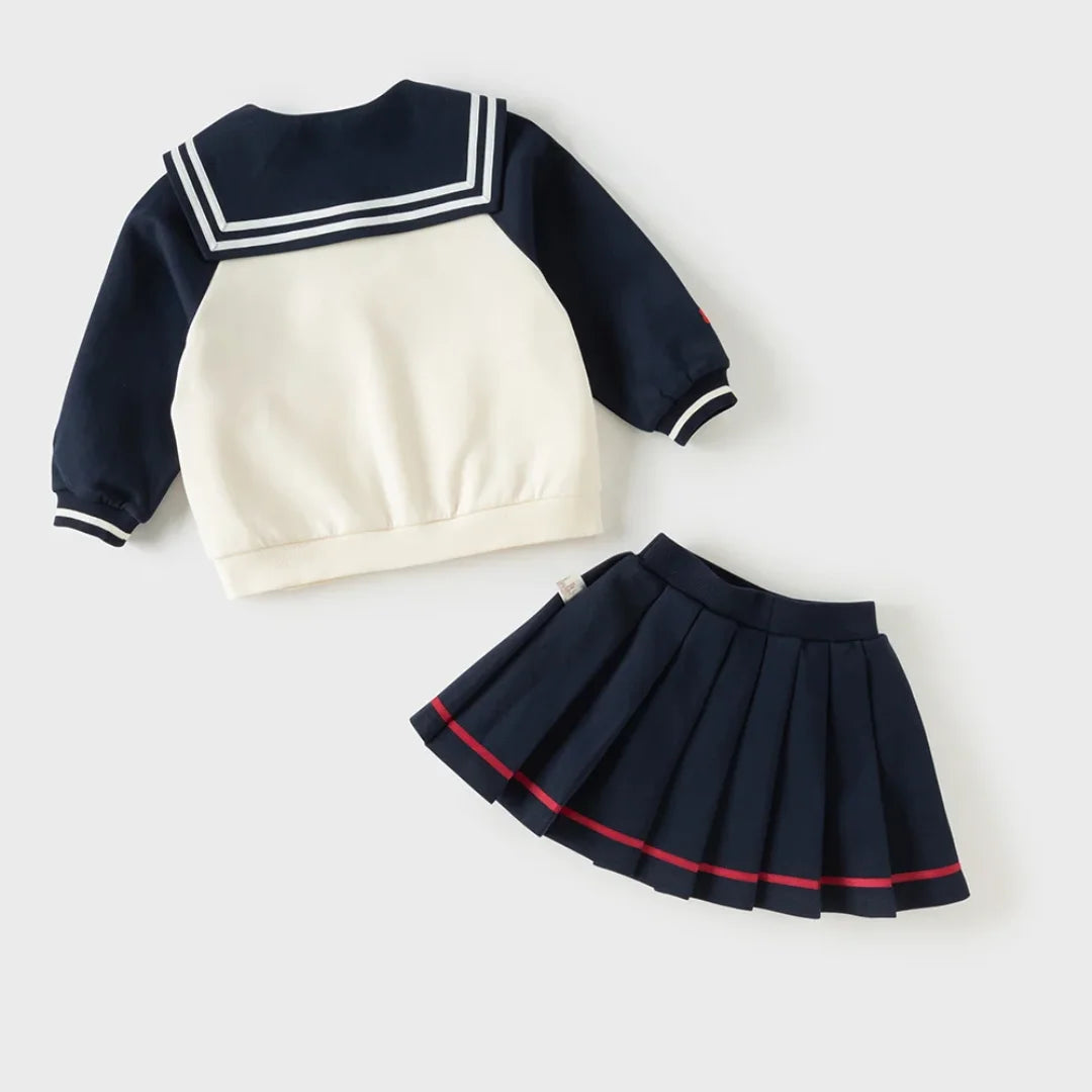 Ensemble Style Marin – Veste Zippée et Jupe Plissée enfant fille -Marine