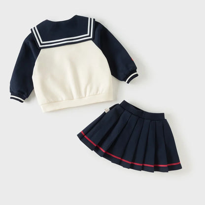 Ensemble Style Marin – Veste Zippée et Jupe Plissée enfant fille -Marine