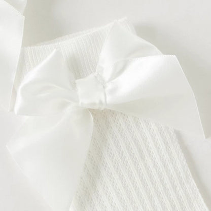 Chaussettes hautes en maille ajourée motif nœud enfant fille blanc - MALOBY