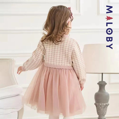 Robe à carreaux manches longues enfant fille - Rose