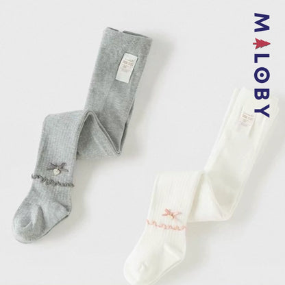 Collant côtelé avec nœud et cœur  enfant fille –Gris/Beige