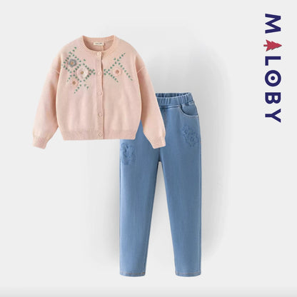 Jean slim brodé enfant fille - bleu -robes et ensembles pour filles, bébés et garcons - MALOBY