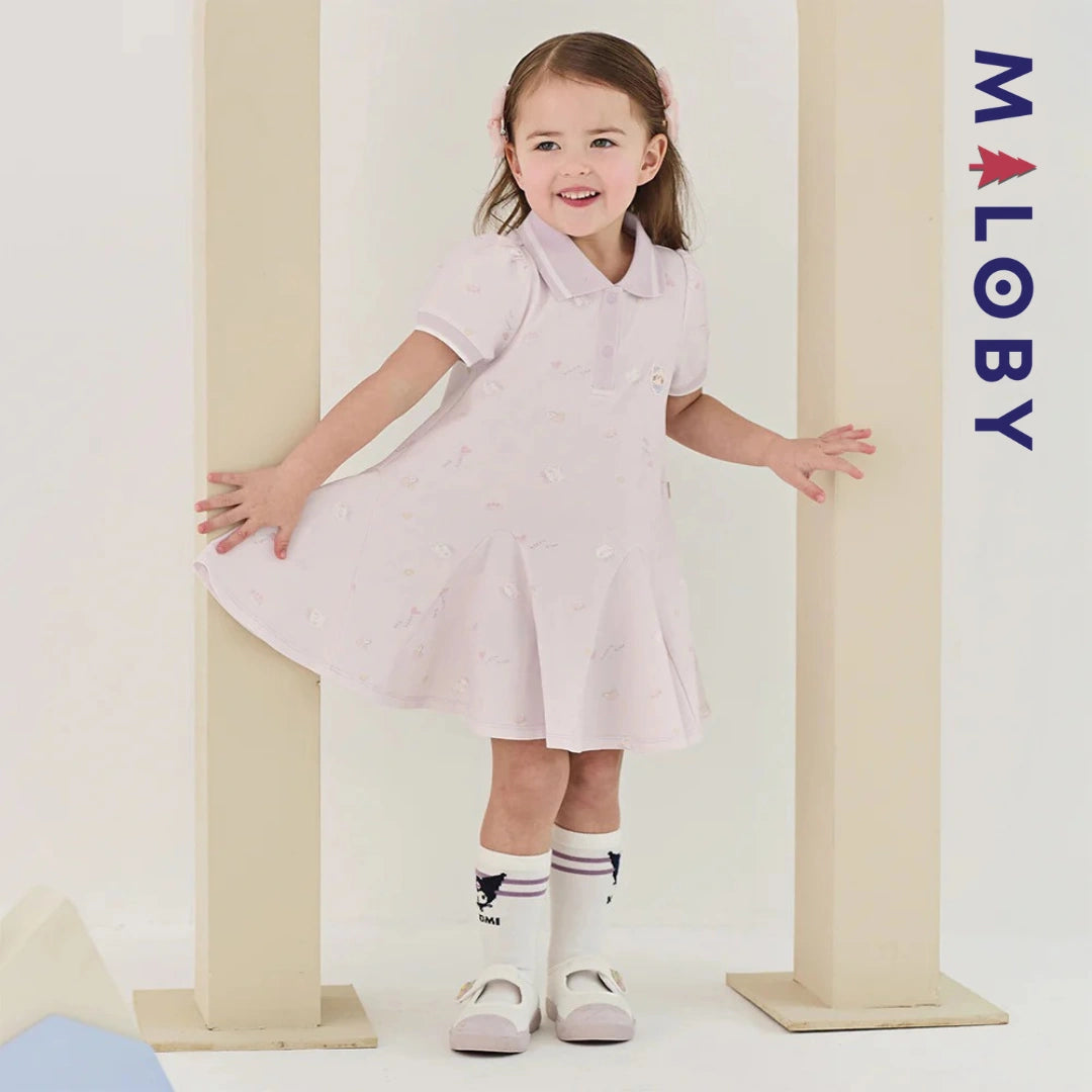 Robe polo motifs fantaisie enfant fille -Blanc/ Rose