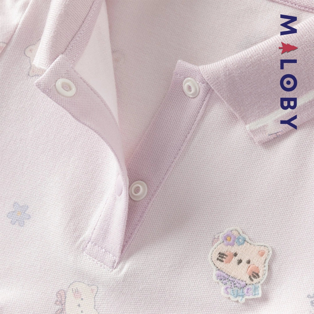 Robe polo motifs fantaisie enfant fille -Blanc/ Rose