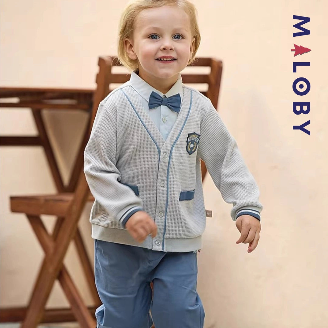 Ensemble habillé cardigan+pantalon+noeud enfant garçon -Bleu -robes et ensembles pour filles, bébés et garcons - MALOBY