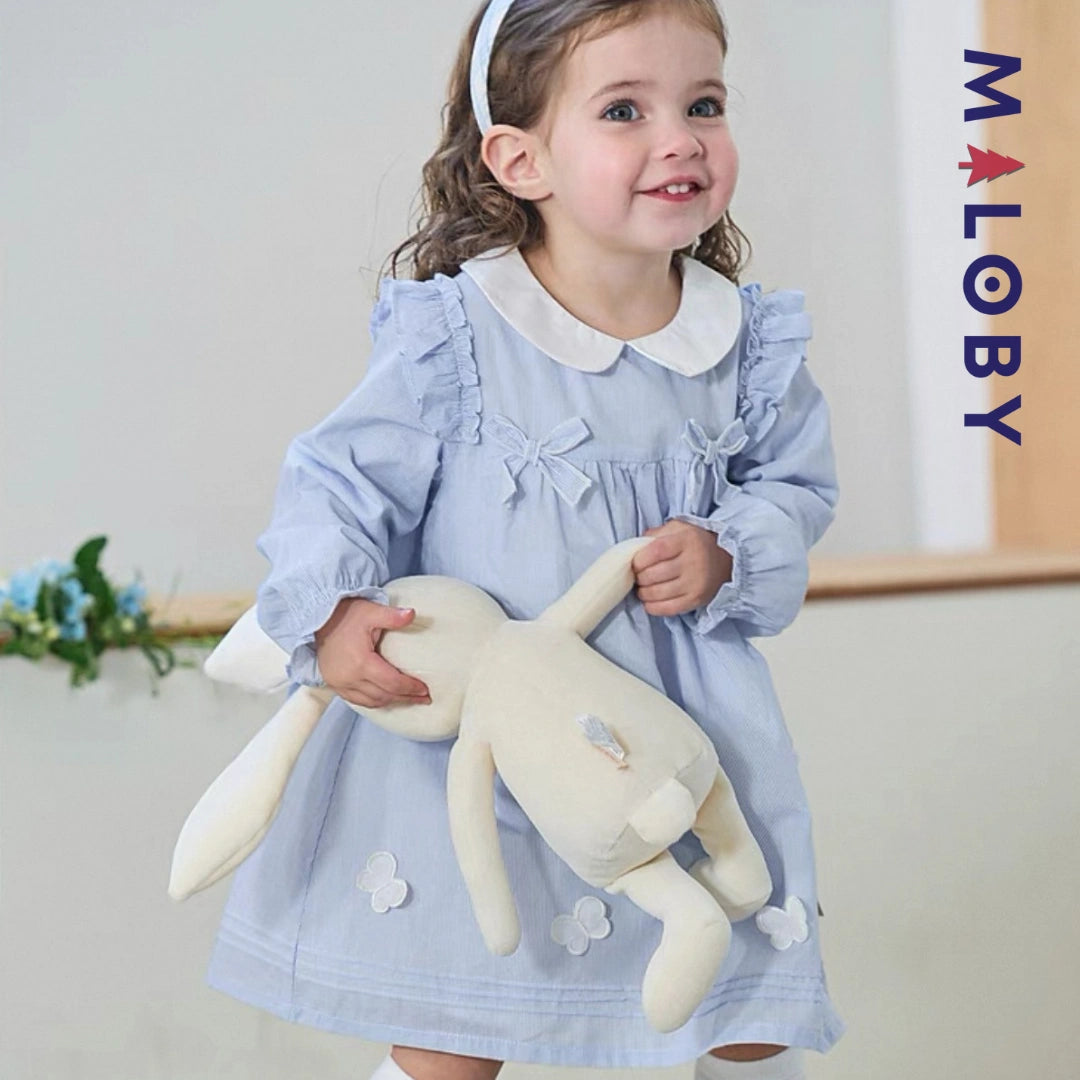 Robe rayée col claudine enfant fille-bleu ciel