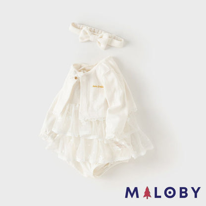 Ensemble Bébé fille 3 pièces Robe + boléro + bandeau - Beige -robes et ensembles pour filles, bébés et garcons - MALOBY