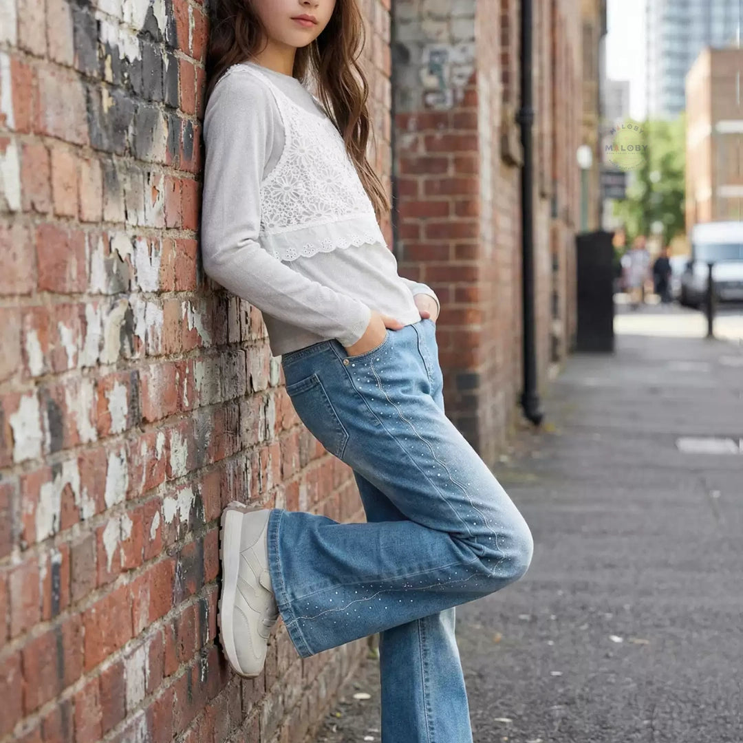 Pantalon denim évasé enfant fille bleu, vêtement enfant maroc - MALOBY