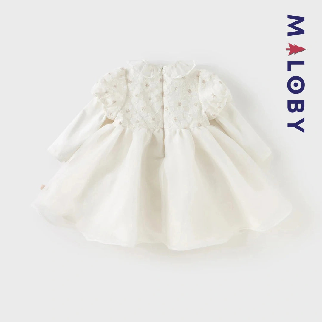 Robe cérémonie manches longues fleurettes - blanc