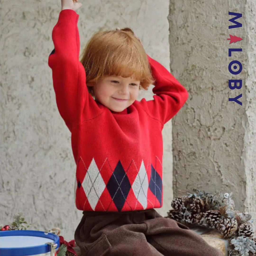 Pull Jacquard encolure ronde enfant garçon -Rouge -robes et ensembles pour filles, bébés et garcons - MALOBY