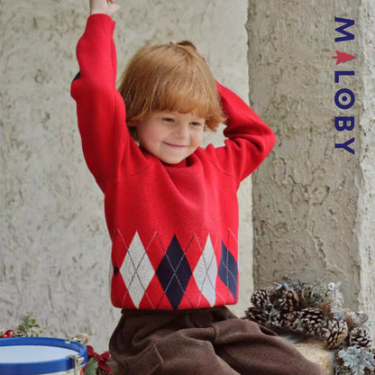 Pull Jacquard encolure ronde enfant garçon -Rouge -robes et ensembles pour filles, bébés et garcons - MALOBY