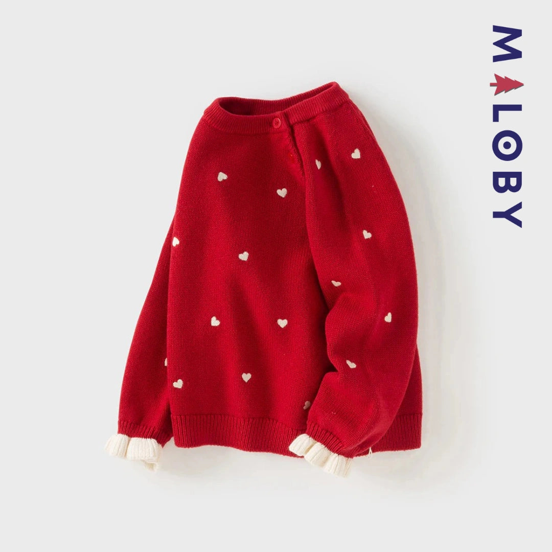 Pull en maille motifs cœurs enfant fille- Rouge / Beige