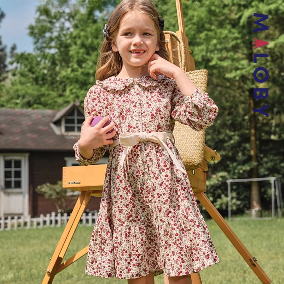 Robe en velours motifs fleuris enfant fille - Beige/Rouge imprimé -robes et ensembles pour filles, bébés et garcons - MALOBY