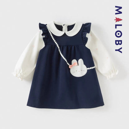 Robe bi-matière motif lapin enfant fille- Marine -robes et ensembles pour filles, bébés et garcons - MALOBY