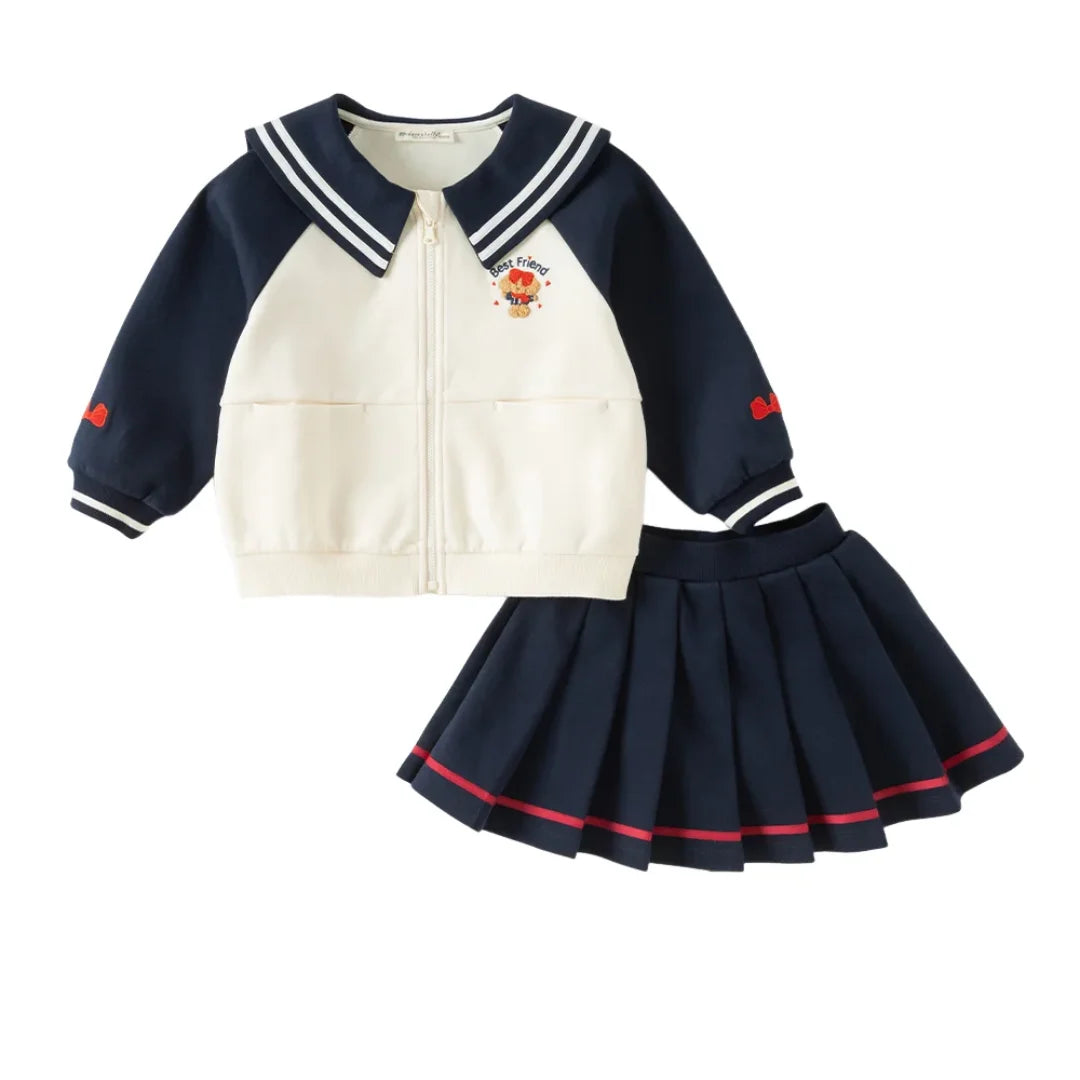 Ensemble Style Marin – Veste Zippée et Jupe Plissée enfant fille -Marine