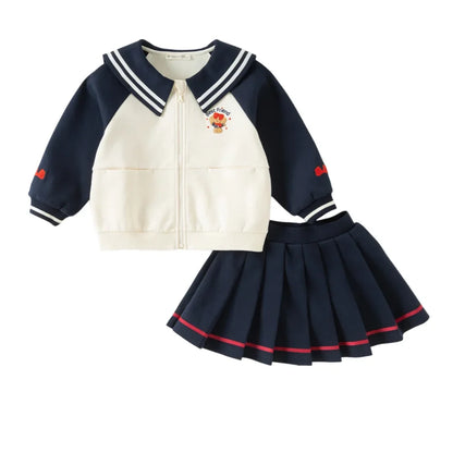 Ensemble Style Marin – Veste Zippée et Jupe Plissée enfant fille -Marine