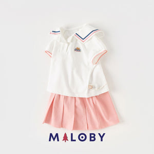 Ensemble Sweat et jupe short plissé -Blanc/Rose -robes et ensembles pour filles, bébés et garcons - MALOBY