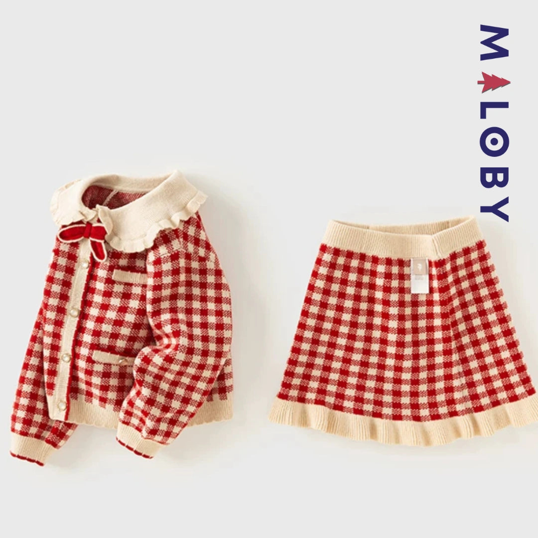 Ensemble à carreaux jupe + Cardigan - Rouge -robes et ensembles pour filles, bébés et garcons - MALOBY