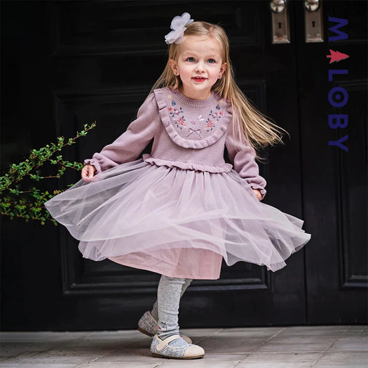 Robe bi-matière motifs brodés enfant fille- violet