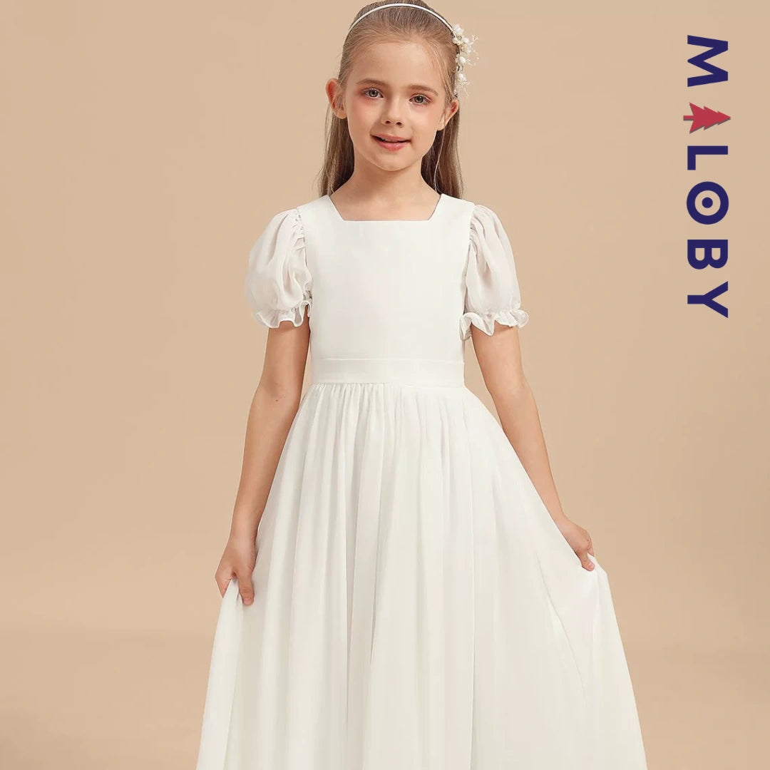 Robe longue de cérémonie en mousseline enfant fille- Blanche