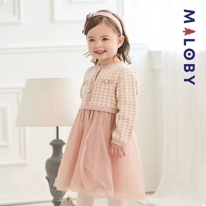 Robe à carreaux manches longues enfant fille - Rose