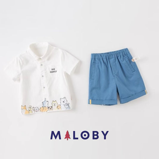 Ensemble 2 Pièces chemise + short - Bleu -robes et ensembles pour filles, bébés et garcons - MALOBY