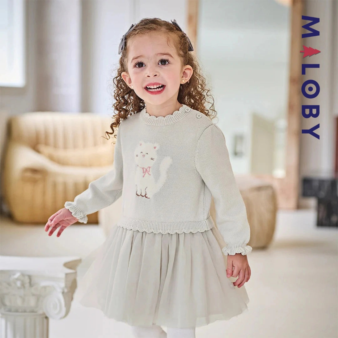 Robe bi-matière motif chat enfant fille- gris