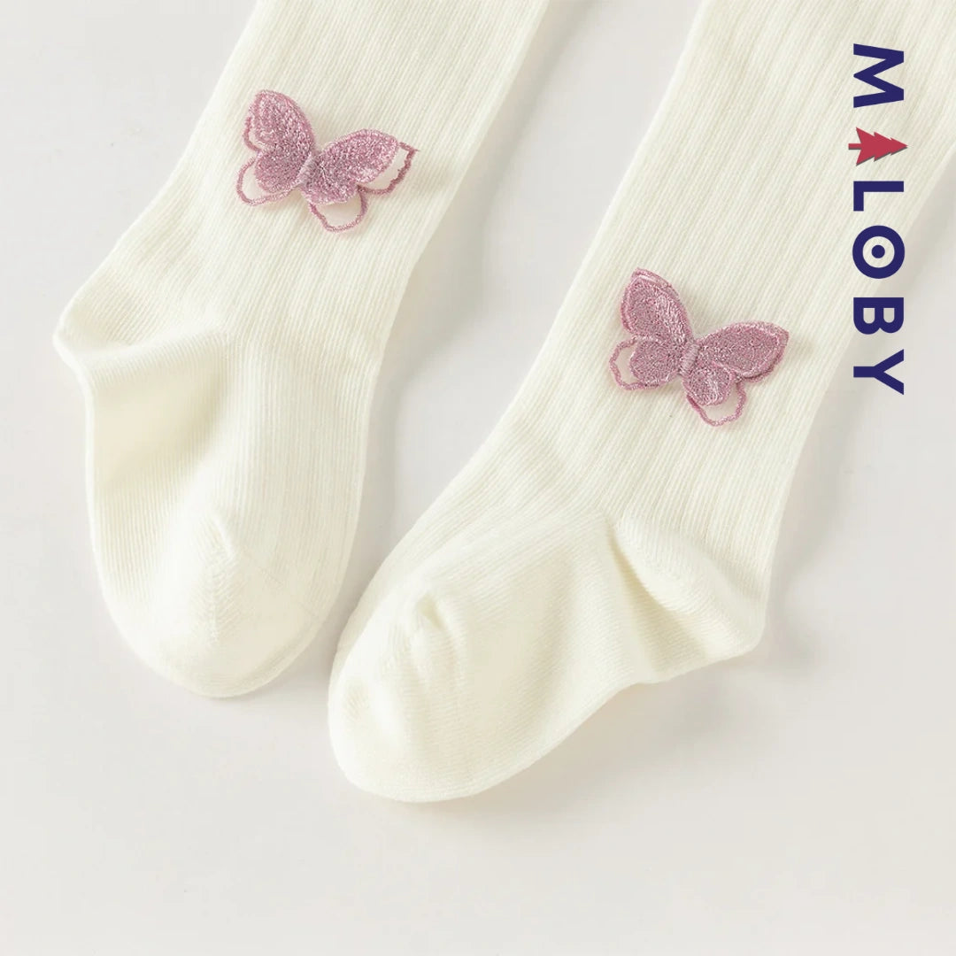 Collant côtelé avec papillons brodés enfant fille– Beige