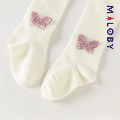Collant côtelé avec papillons brodés enfant fille– Beige