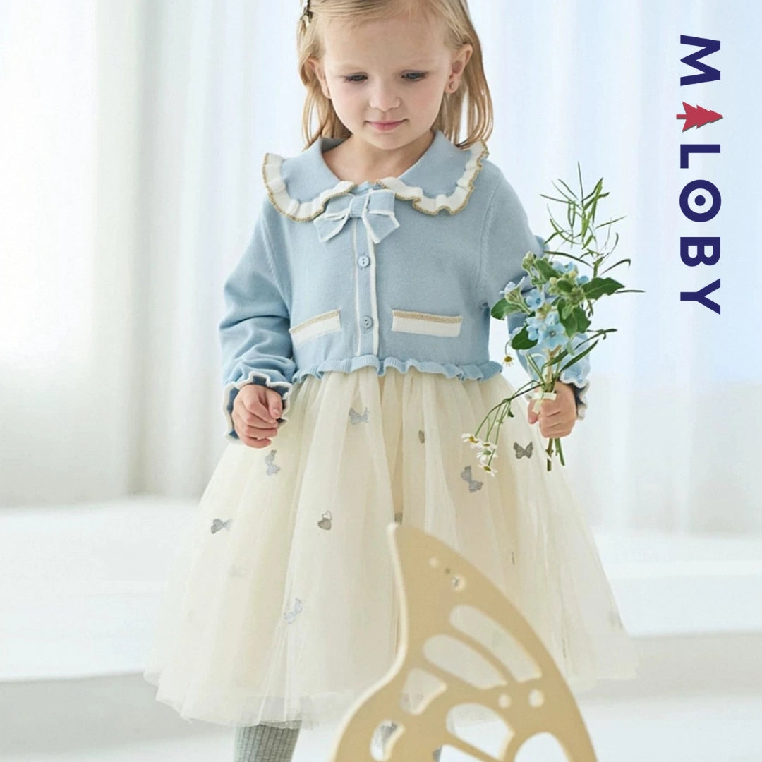 Robe en maille et en tulle effet 2 en 1 enfant fille - Bleu ciel