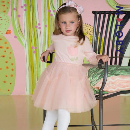 Robe cérémonie bi-matière motif fleur enfant fille- Rose