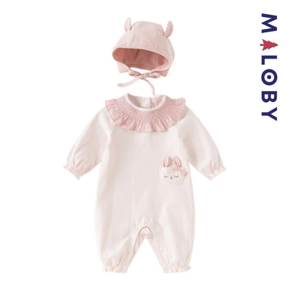 Ensemble 2 pièces combinaison+bonnet bébé fille-Rose