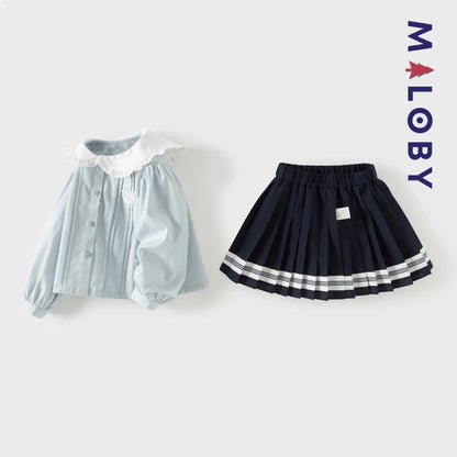 Ensemble habillé 2 pièces Chemise + Jupon plissé enfant fille -Bleu