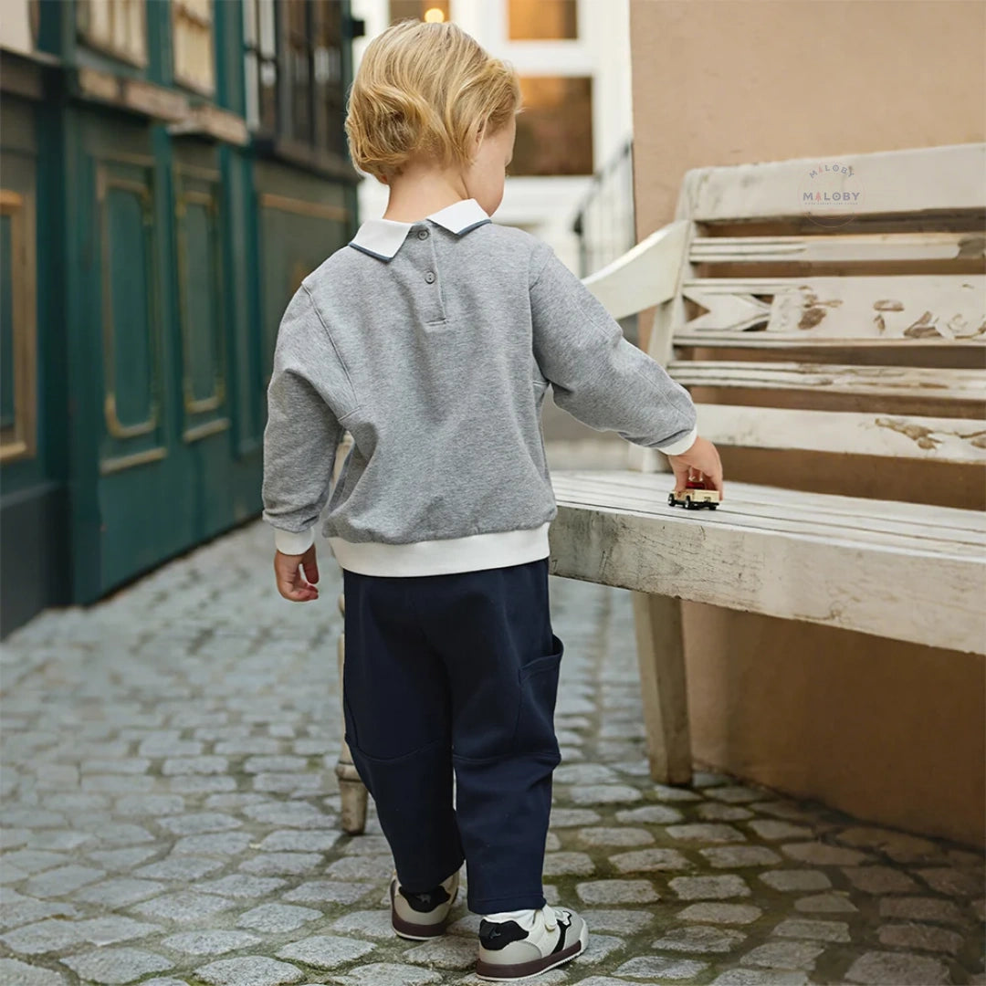 Ensemble sweat col chemise et pantalon cargo enfant garçon gris et bleu marine - MALOBY