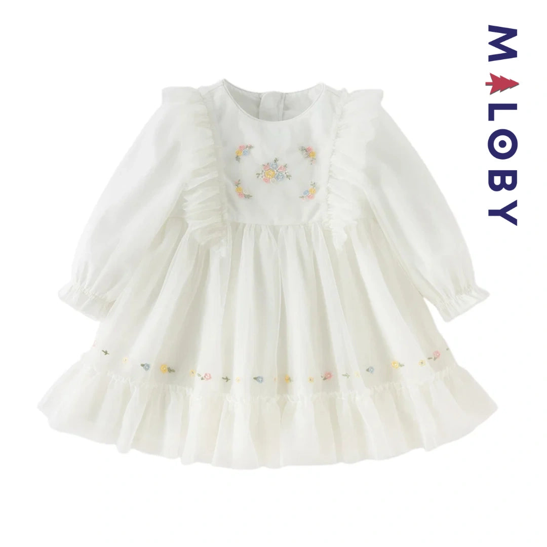 Robe cérémonie brodée fleurs enfant fille -Beige
