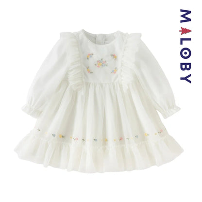 Robe cérémonie brodée fleurs enfant fille -Beige