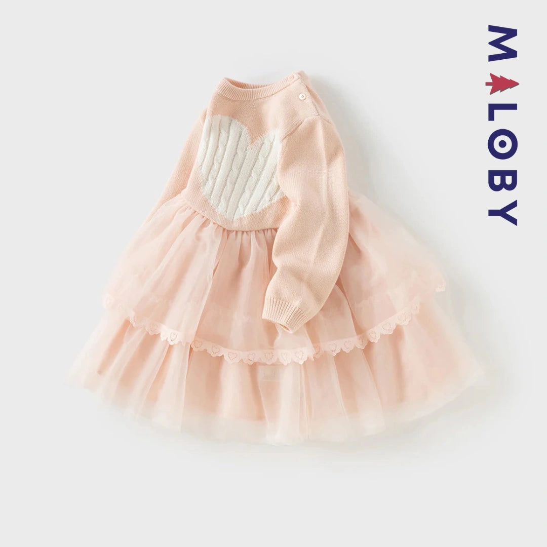 Robe bi-matière motif cœur enfant fille -Rose -robes et ensembles pour filles, bébés et garcons - MALOBY