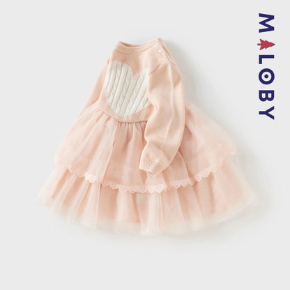 Robe bi-matière motif cœur enfant fille -Rose -robes et ensembles pour filles, bébés et garcons - MALOBY