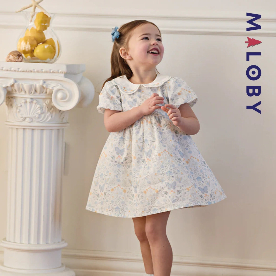 Robe fleurie col claudine enfant fille- Blanc imprimé