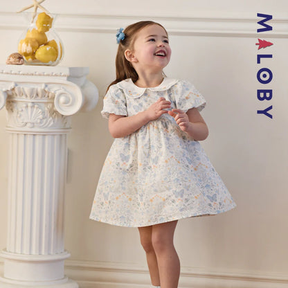 Robe fleurie col claudine enfant fille- Blanc imprimé