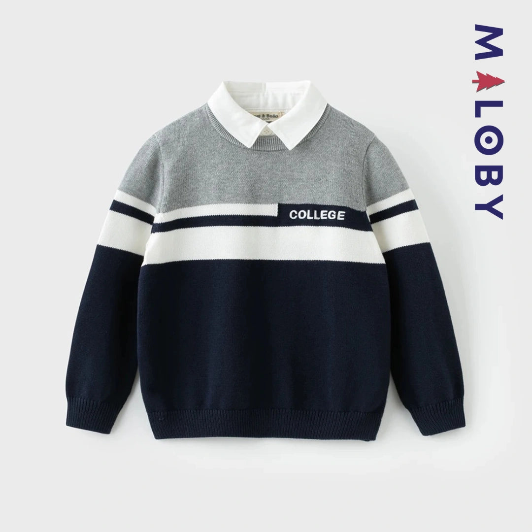 Pull à col chemise enfant garçon- marine -robes et ensembles pour filles, bébés et garcons - MALOBY