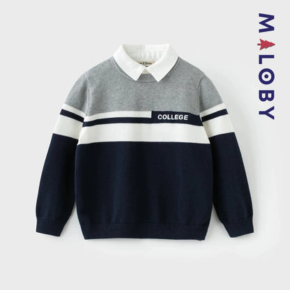 Pull à col chemise enfant garçon- marine -robes et ensembles pour filles, bébés et garcons - MALOBY