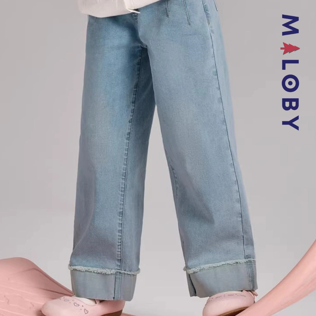 Pantalon denim avec large revers enfant fille-Bleu -robes et ensembles pour filles, bébés et garcons - MALOBY